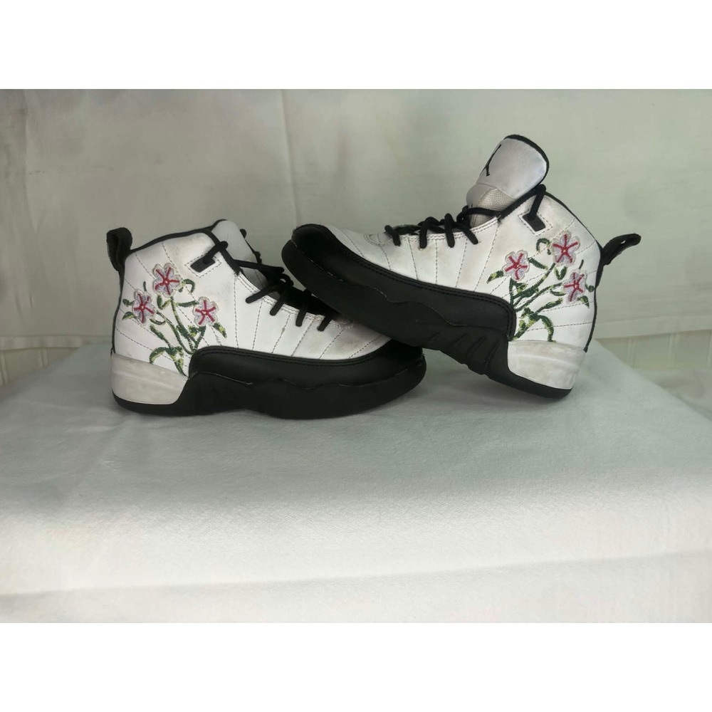 Jordan 12 Retro Floral White Black Vivid Pink Kids Sneakers DR6954-100 Size 12C